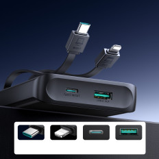 Powerbank 10000mAh med inbyggda kablar USB-C iPhone Lightning - Svart