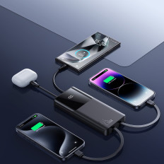 Powerbank 10000mAh med inbyggda kablar USB-C iPhone Lightning - Svart