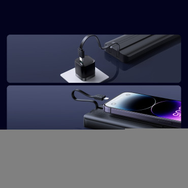 Powerbank 10000mAh med inbyggda kablar USB-C iPhone Lightning - Svart