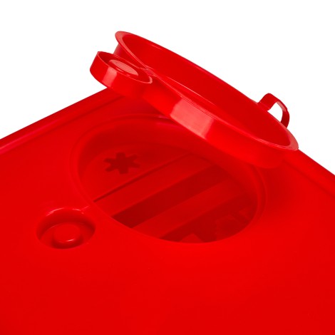 Červený kontajner na lekársky odpad 5 l — detail rukoväte