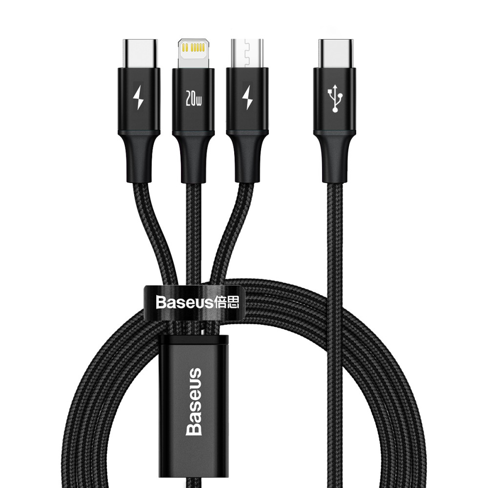 3in1 kabel USB-C-kabel - USB-C / iPhone Bliksem / MicroUSB 20W PD 1.5m - Zwart