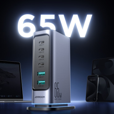 Laddstation Multi-station Loader Gan 65W EU 4x USB-C och 2X USB-A - Mörkgrå