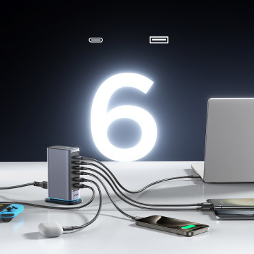 Laddstation Multi-station Loader Gan 65W EU 4x USB-C och 2X USB-A - Mörkgrå