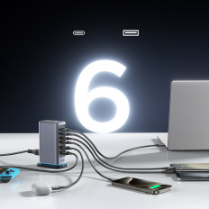 Uzlādes stacija Daudzsaciju iekrāvējs GAN 65W ES 4x USB-C un 2x USB-A - Dark Grey