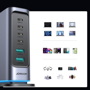 Laddstation Multi-station Loader Gan 65W EU 4x USB-C och 2X USB-A - Mörkgrå