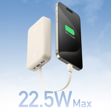 PowerBank 20000mAh 22.5W USB-C USB-iebūvēts USB-C kabelis - balts