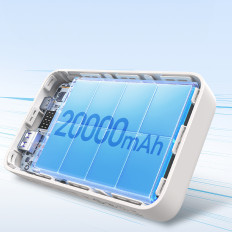 PowerBank 20000mAh 22.5W USB-C USB-iebūvēts USB-C kabelis - balts