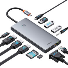 13W1 navadapter Portaljoy-serien USB-C HDMI DP VGA USB-A PD RJ45 SD TF AUX - Grå