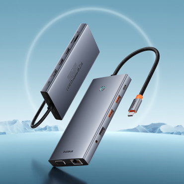 13W1 navadapter Portaljoy-serien USB-C HDMI DP VGA USB-A PD RJ45 SD TF AUX - Grå