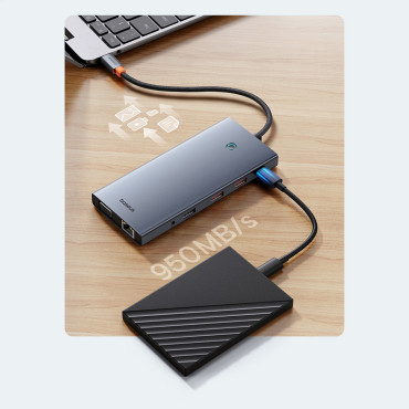 13W1 navadapter Portaljoy-serien USB-C HDMI DP VGA USB-A PD RJ45 SD TF AUX - Grå