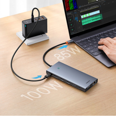 13W1 navadapter Portaljoy-serien USB-C HDMI DP VGA USB-A PD RJ45 SD TF AUX - Grå