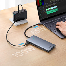 13W1 navadapter Portaljoy-serien USB-C HDMI DP VGA USB-A PD RJ45 SD TF AUX - Grå