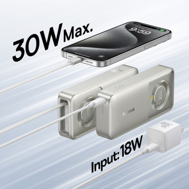 Powerbank Free2Pull 10000MAH 30W med USB-C-port och nedrullning USB-C-kabel - Grå