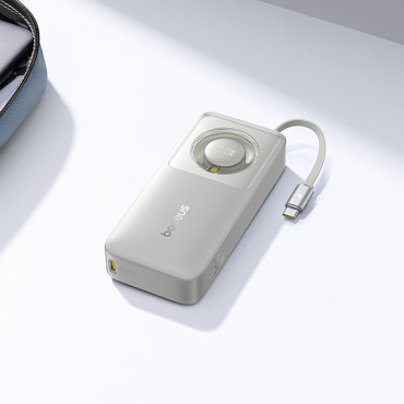 Powerbank Free2Pull 10000MAH 30W med USB-C-port och nedrullning USB-C-kabel - Grå