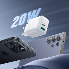 USB-C USB-A hálózati töltő 20W PD QC 3.0 - fehér