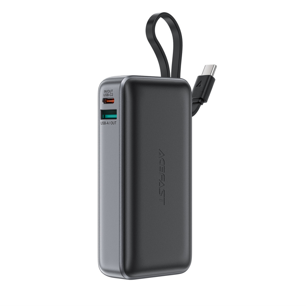 PowerBank 10000MAH PD30W ar iebūvētu USB-C kabeli - melns