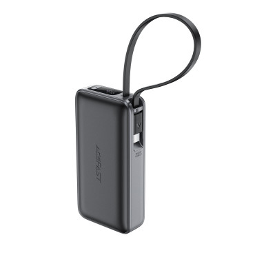 PowerBank 10000MAH PD30W ar iebūvētu USB-C kabeli - melns