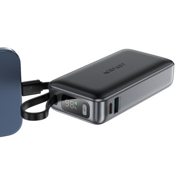 POWERBANK 10000MAH PD30W su įmontuotu USB-C kabeliu - juoda