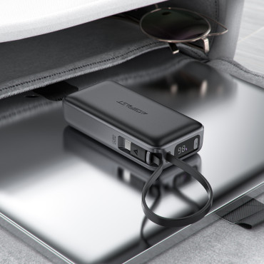 PowerBank 10000MAH PD30W ar iebūvētu USB-C kabeli - melns