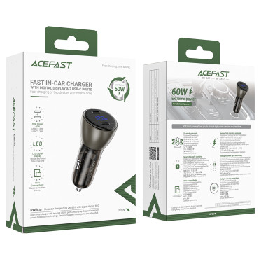 60W 2x USB-C car charger with display and metal casing - black