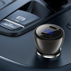 Cargador de coche USB-C 60W 2X con pantalla de pantalla y metal - Negro