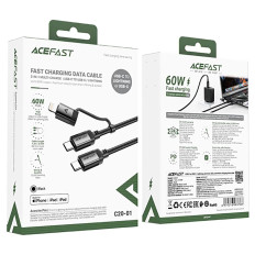 Kabeļu USB-C Cable - USB-C / Lightning 60W 480mb / s 3a 1.2m - melns