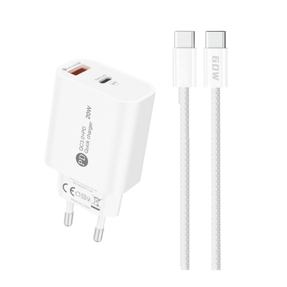 USB-A USB-C network charger with USB-C 1M cable - white