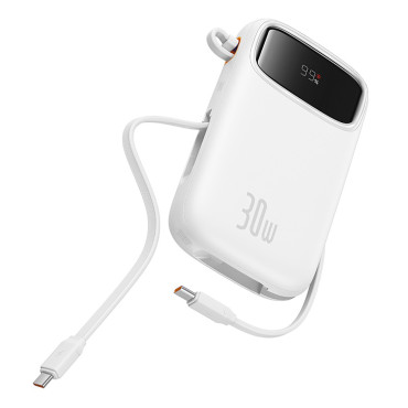 Powerbank Qpow 2 20000mAh 30W med 2 inbyggda USB-C-kablar - Vit