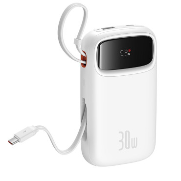 Powerbank Qpow 2 20000mAh 30W med 2 inbyggda USB-C-kablar - Vit