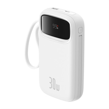 Powerbank Qpow 2 20000mAh 30W med 2 inbyggda USB-C-kablar - Vit