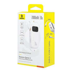 PowerBank QPow 2 20000mAh 30W med 2 innebygde USB-C-kabler - hvit