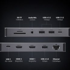 13W1 Hub Adaptador USB-C - USB-A / USB-C / HDMI / DisplayPort / RJ45 / SD TF / AUX / USB-C PD - Cinza