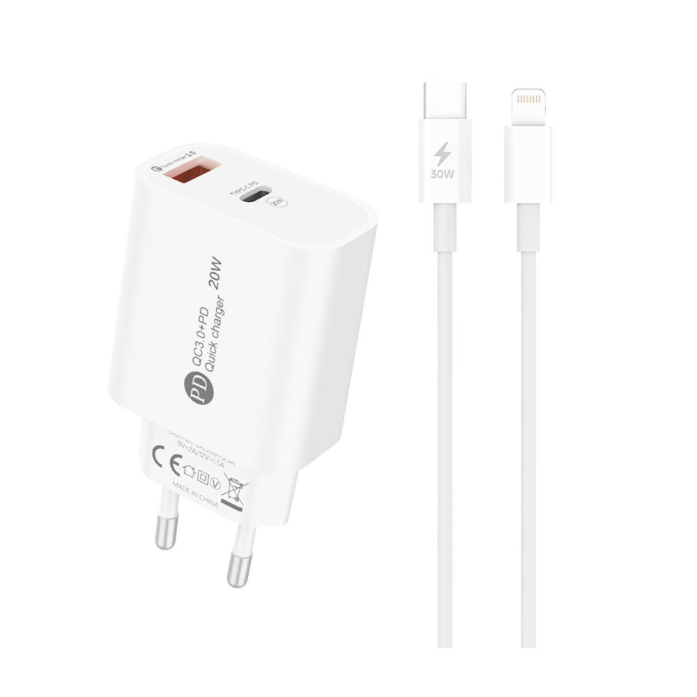 Chargeur réseau USB-A USB-C avec câble USB-C - Iphone Lightning 1m - Blanc
