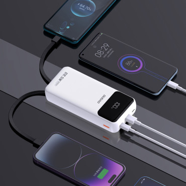 Powerbank 20000mAh med inbyggda hytter iPhone Lightning USB-C USB-A 22.5W PD - Vit
