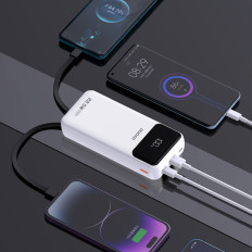 Powerbank 20000mAh med inbyggda hytter iPhone Lightning USB-C USB-A 22.5W PD - Vit