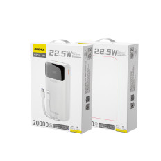 Powerbank 20000mAh med inbyggda hytter iPhone Lightning USB-C USB-A 22.5W PD - Vit