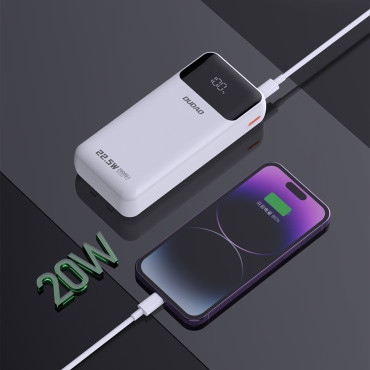 Powerbank 20000mAh med inbyggda hytter iPhone Lightning USB-C USB-A 22.5W PD - Vit