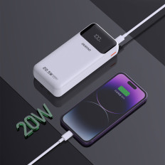Powerbank 20000mAh med inbyggda hytter iPhone Lightning USB-C USB-A 22.5W PD - Vit