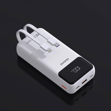 Powerbank 20000mAh med inbyggda hytter iPhone Lightning USB-C USB-A 22.5W PD - Vit