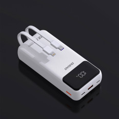 Powerbank 20000mAh med inbyggda hytter iPhone Lightning USB-C USB-A 22.5W PD - Vit