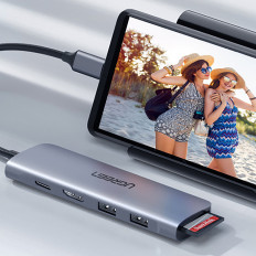 6W1 HUB USB-C ADAPTER - USB-A USB-C PD SD čítačka TF - Gray