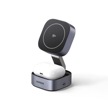 3in1 Magsafe Qi2 USB-C Induksjonslader for telefonhodetelefoner - Svart
