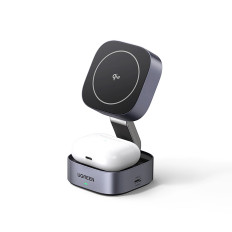 Cargador de inducción USB-C 3IN1 MAGSAFE QI2 USB-C para auriculares telefónicos - Negro