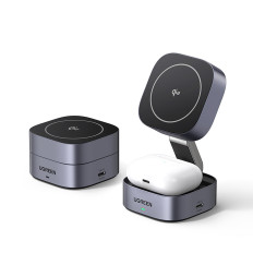 3in1 Magsafe Qi2 USB-C Induksjonslader for telefonhodetelefoner - Svart