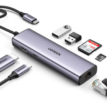 Hub USB-C Adapter - USB-A / HDMI / RJ45 / SD og TF / USB-C-kortleser PD 100W - Grå