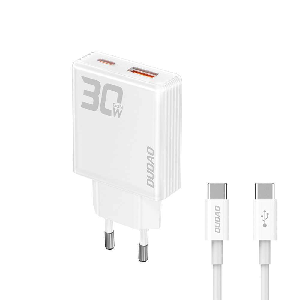 30W USB-A tīkla lādētājs - USB-C ar USB-C kabeli - balts