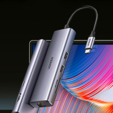 HUB USB-C adapter - USB-A / HDMI / RJ45 / SD és TF / USB-C kártyaolvasó PD 100W - szürke