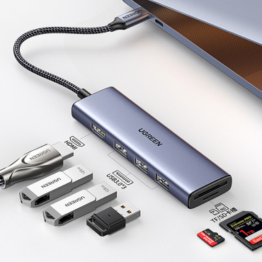 6W1 HUB USB-C Adapter - HDMI / USB-A / SD-kortleser TF - Grå