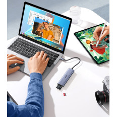 6W1 HUB USB-C adapteris - HDMI / USB-A / SD karšu lasītājs TF - Grey