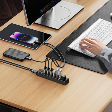 Hub PW7U-U3 7X Distributør USB-A USB-C 5V 3A 1M - Svart